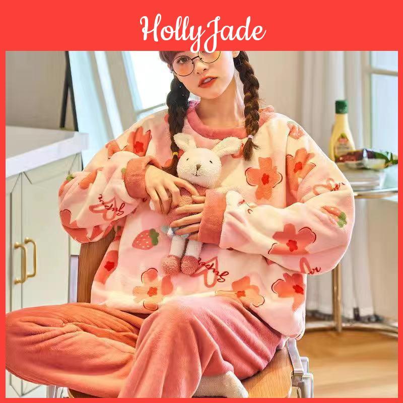 Fashion Long Pajama Sleeved Set Comfortable Flannel Coral Velvet Pajamas Korean Version Cute Home Womens Clothing Set