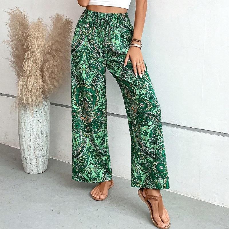 Summer New Fashion Printed Elastic Waist Wide Leg Pants Women Vintage Vacation Beach Pants Casual Woman Simple Thin Office Ladies Long Trousers 25783