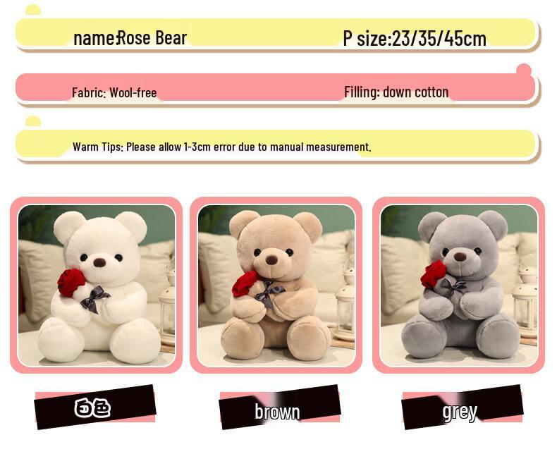 Adorable Rose Teddy Bear Plush Doll - Cute Large Pillow Toy for Girl's Birthday Gift