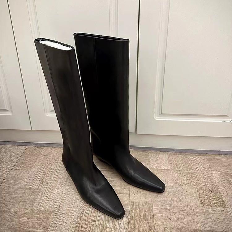 

Cowhide version~ fat mm leather pointed retro high knight boots women s thick heel leather heel is thin but knee long boots 40 чёрный