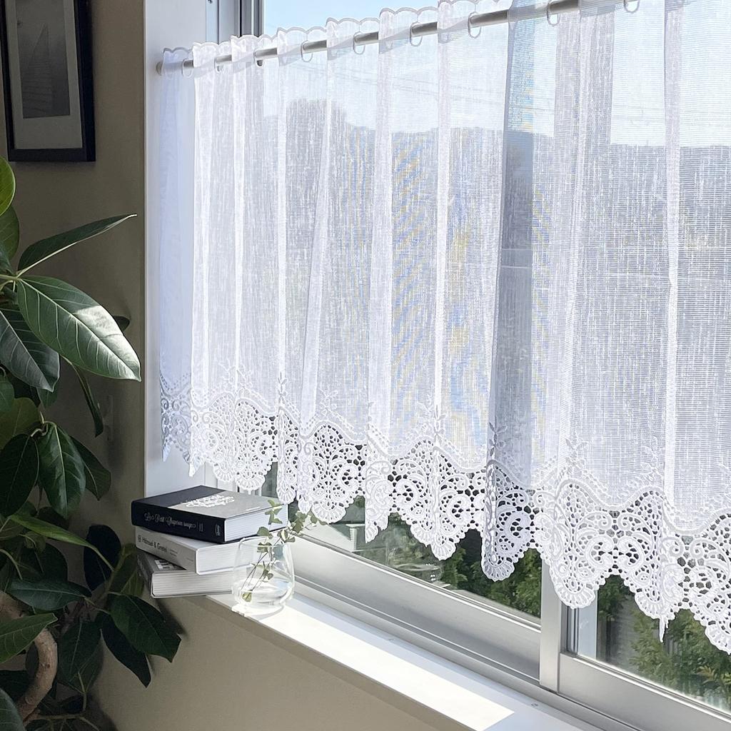 INTERIX Marzocco Vit Broderad Spets Köksprodukt för Små Fönster, 165cm Bred x 60cm Lång, Tillverkad i Japan, CF2-165-60