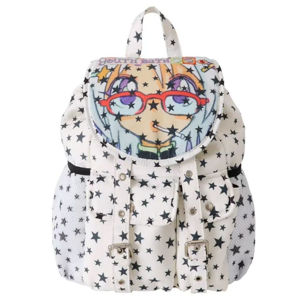 Star Cartoon Print Nylon Backpack With Waterresistant Design For Students And Casual Use