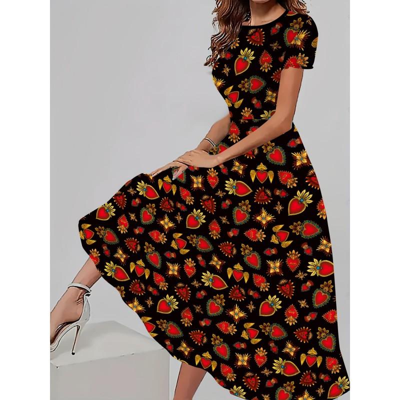 Womens Loose Fit Cotton Print Short Sleeve Round Neck Midi Dress Casual Wear