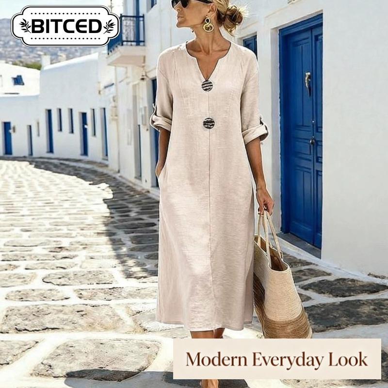 BITCED Fashion Autumn Winter Solid Color Print Long Sleeve V-Neck Casual Dresses
