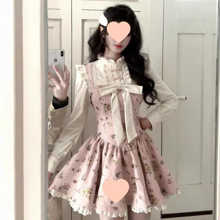 

Women s Spring Pink Floral Retro Dress with Bow Knot and Slimming Waist M