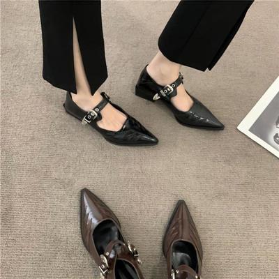 Pointed Single Shoes Women'S Spring Retro One-Word Buckle With Light Mouth Low Heel Small Leather Shoes Niche Rare Shoes