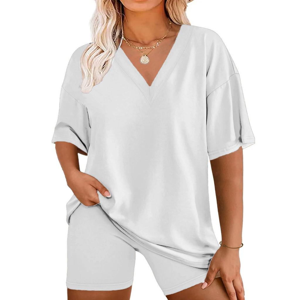 Women's Loose Fashion Solid Color Split V-Neck Short Sleeve Top Shorts Two Piece Set