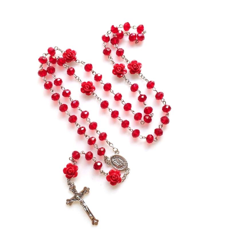 Handmade Rose Rosary Beads Catholic Necklace for Women Girls Jewelry Jesus Crucifix Pendant Religious Prayer Necklaces 1