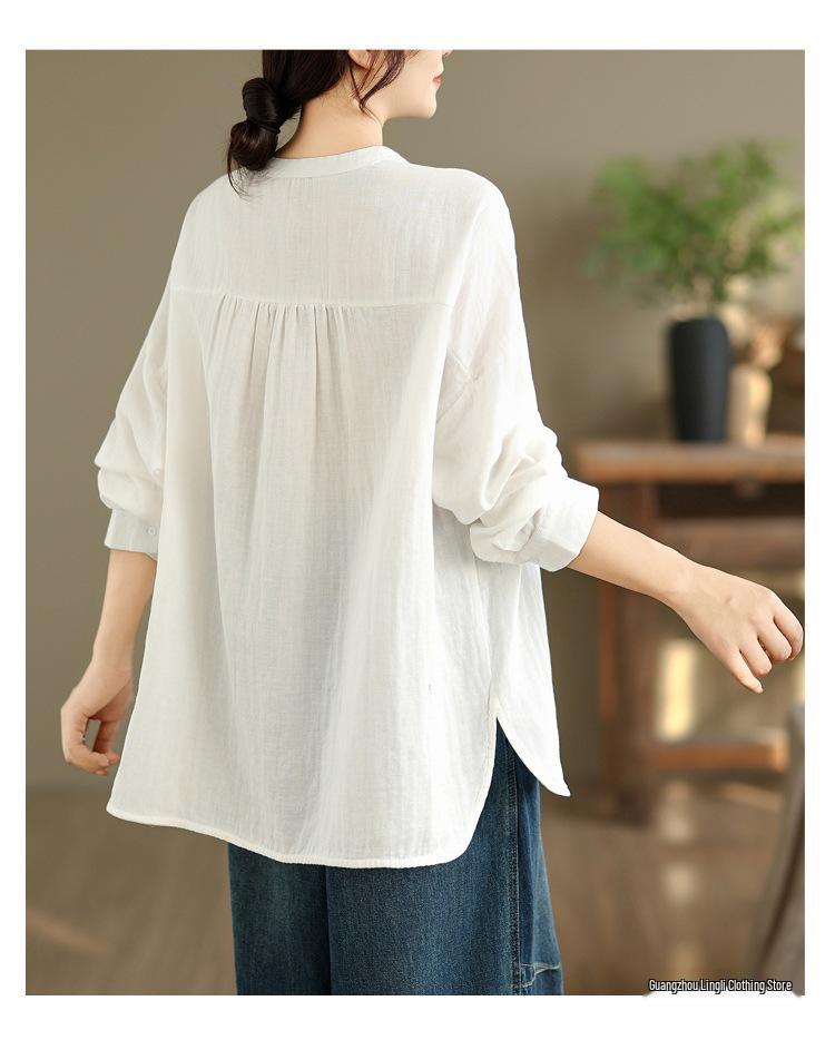 Women's 2025 Cotton Gauze Round Neck Long Sleeve Loose Embroidery Shirt