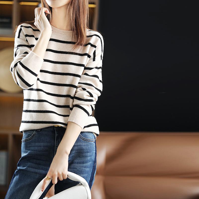 Dámské svetry pulovry 2025 podzim zima dlouhý rukáv kulatý výstřih pruhovaný pletený svetr dámské topy pulovr JJ119