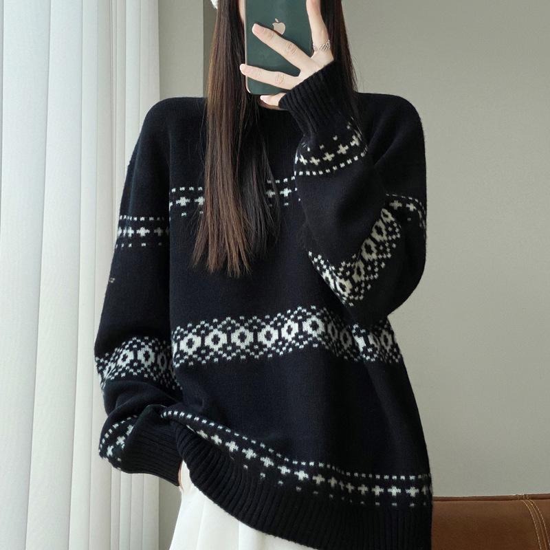 Women's Loose Cashmere Jacquard Sweater - Thick, Versatile, Half-High Neck Knitwear for Autumn/Winter