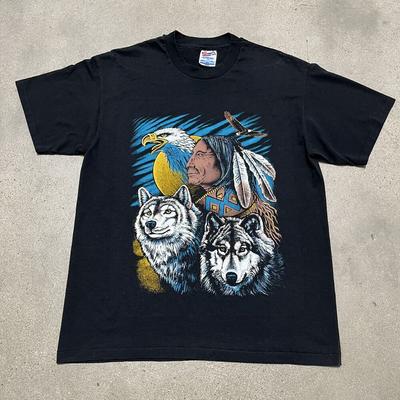 Vintage 90-tal Hanes Native American Varg Örn Enkelsöm Unisex T-shirt
