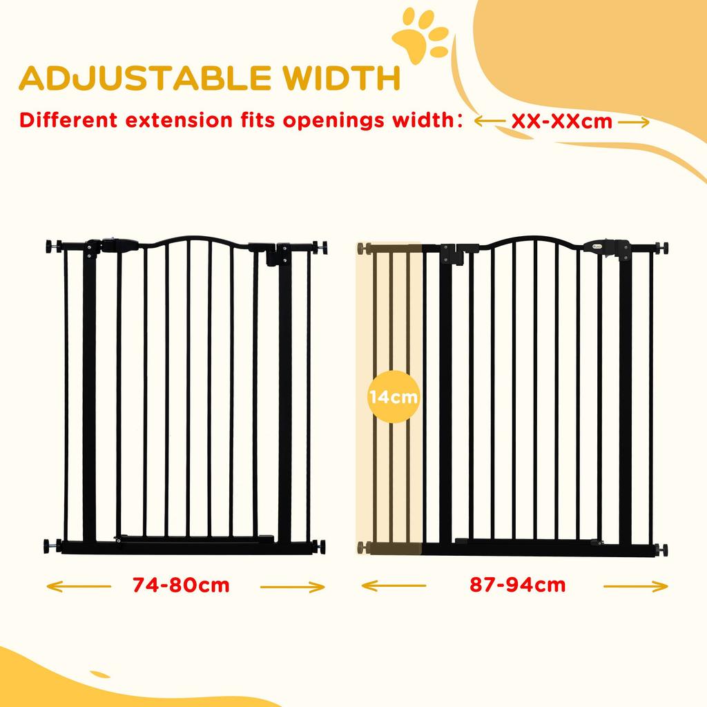Pressure Fit Dog Stair Gate No Drilling Safety Gate Auto Close for Doorways, Hallways, 74-94cm Adjustable, 94cm Tall, Black
