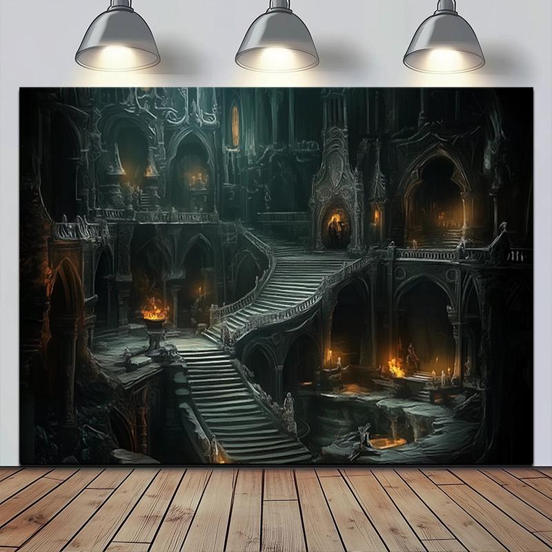 One large banner depicting the interior of a Gothic-style castle - with a dark and terrifying medieval architectural background