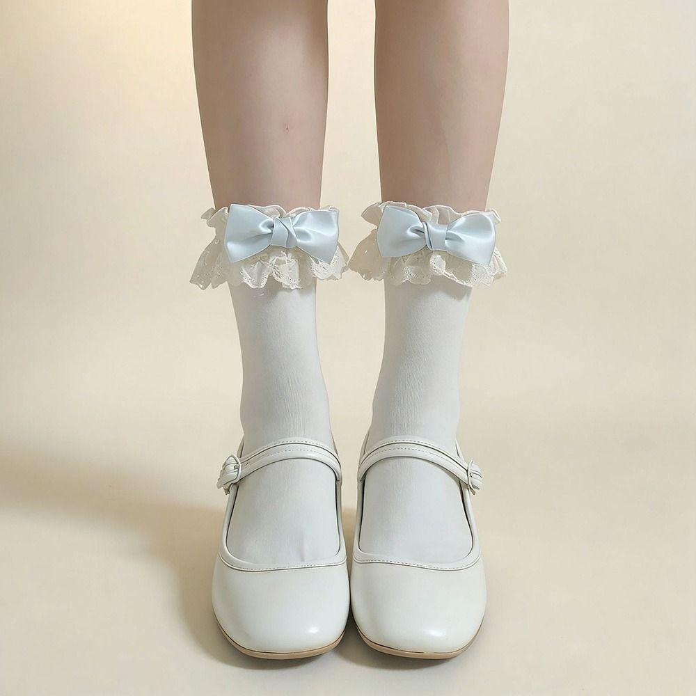 White Women Socks Lolita Bowknot Socks Japanese Short Crew Socks Spring Summer