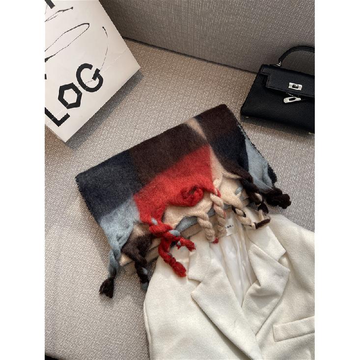 South Korean Ins2024 New Winter Geometric Color Gradient Mohair Fringe Scarf Women'S Shawl Two Use Scarf
