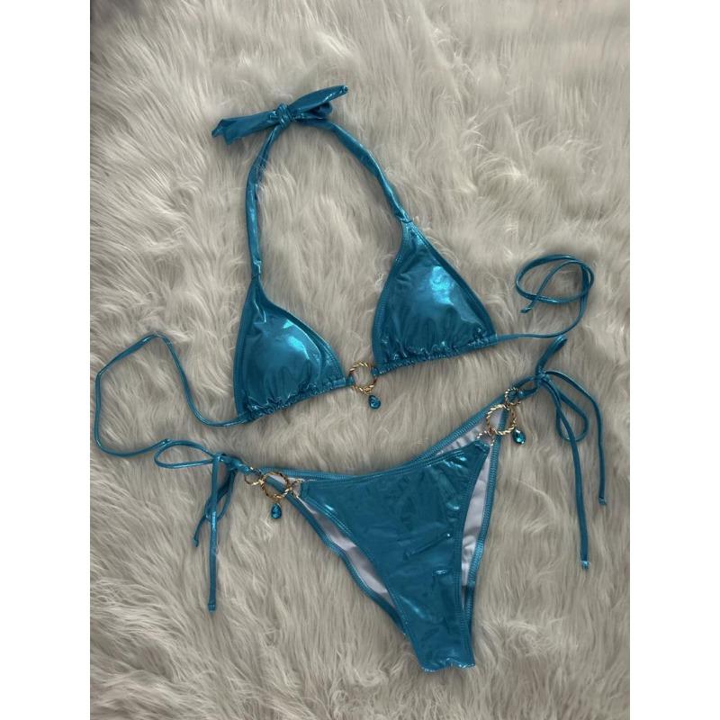 Sexy Solid Color Crystal Rhinestone Lace Up Split Two Piece Bikini Swimsuit For Women Beach Vacation