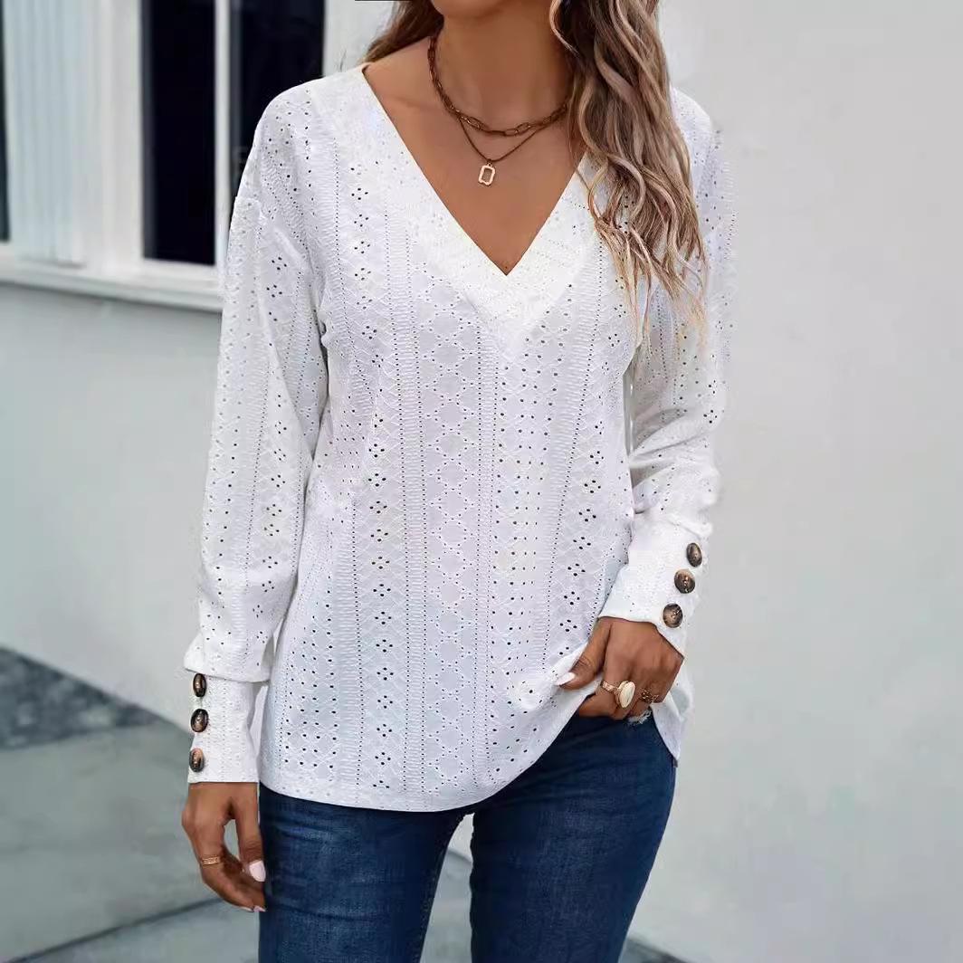 

2024 Модная европейская и американская женская футболка с полым V-образным вырезом, спущенным плечом, длинным рукавом и пуговицами Medium белый