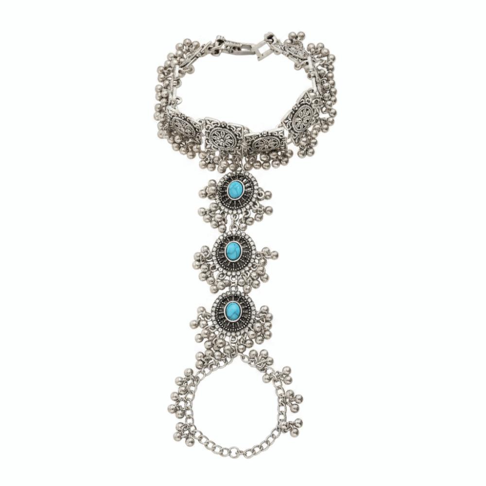 Indian-Style Bohemian Finger Bracelet Minimalist Exaggerated Silver Bracelet Ring Turquoise Hollow Tassel Pendant Hand Chain