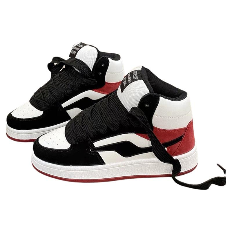 Black and red color matching high-top board shoes women's ins trendy and versatile 2025 spring and autumn new niche leisure sports bread shoes