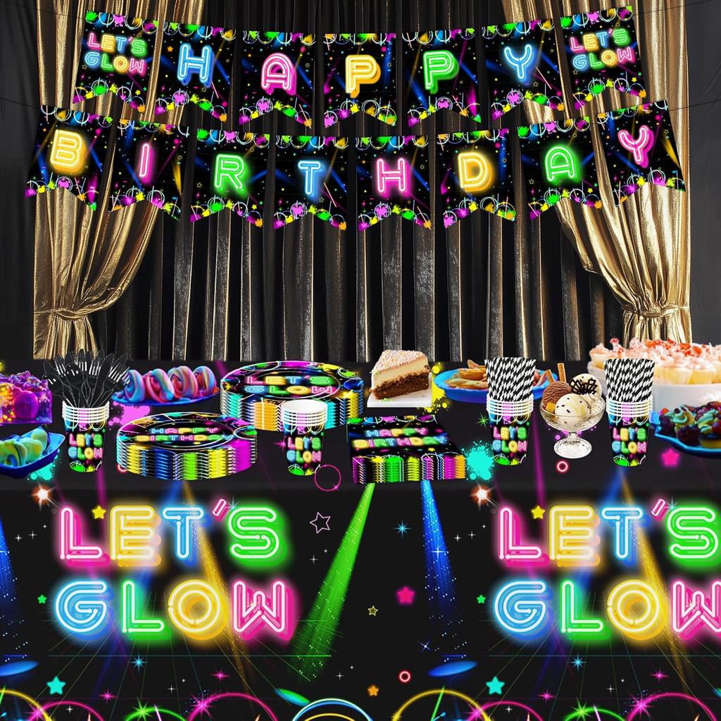 Neon Glow Birthday Party Decorations Tablecloth, 3Pcs Disposable Glow in The Dark Party Tablecover Supplies, Neon Graffiti Theme Party Decorations