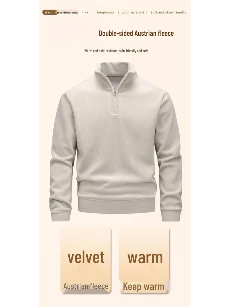 Men's Double-Sided Fleece Hoodie, Autumn Winter Warm Long Sleeve T-Shirt, Half Zip, Stand Collar, Loose Fit.