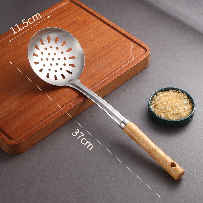 Stainless Steel Cookware Set: Spatula, Soup Ladle, Slotted Spoon with Orange-Brown Wood Handle.