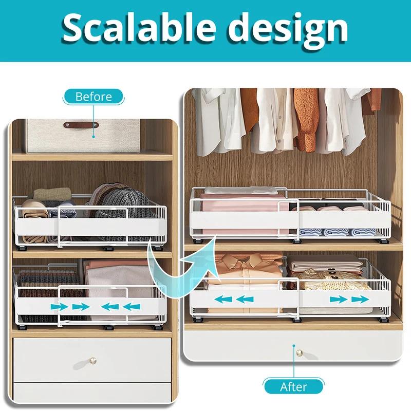 2pc wardrobe storage basket set, width-expandable closet organizers, easy assembly, no drilling required, shelf drawer baskets