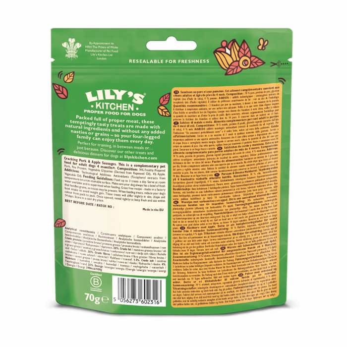 Lily's Kitchen Friandises Recette sans céréales pour chien - Mini saucisses au porc, avec de la pomme 70 g (Lot de 8)