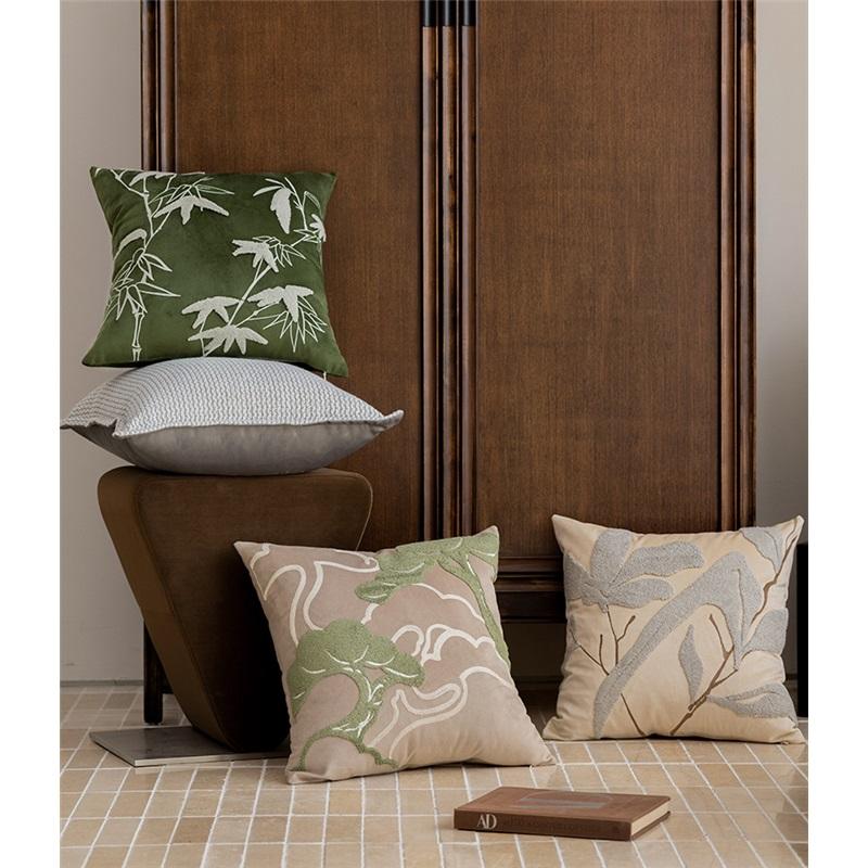 Chinese Bamboo Leaf Embroidered Pillow Cover Modern Luxury Sofa Cushion Cover Bedside Soft Pillowcase Decorative Pillowcase