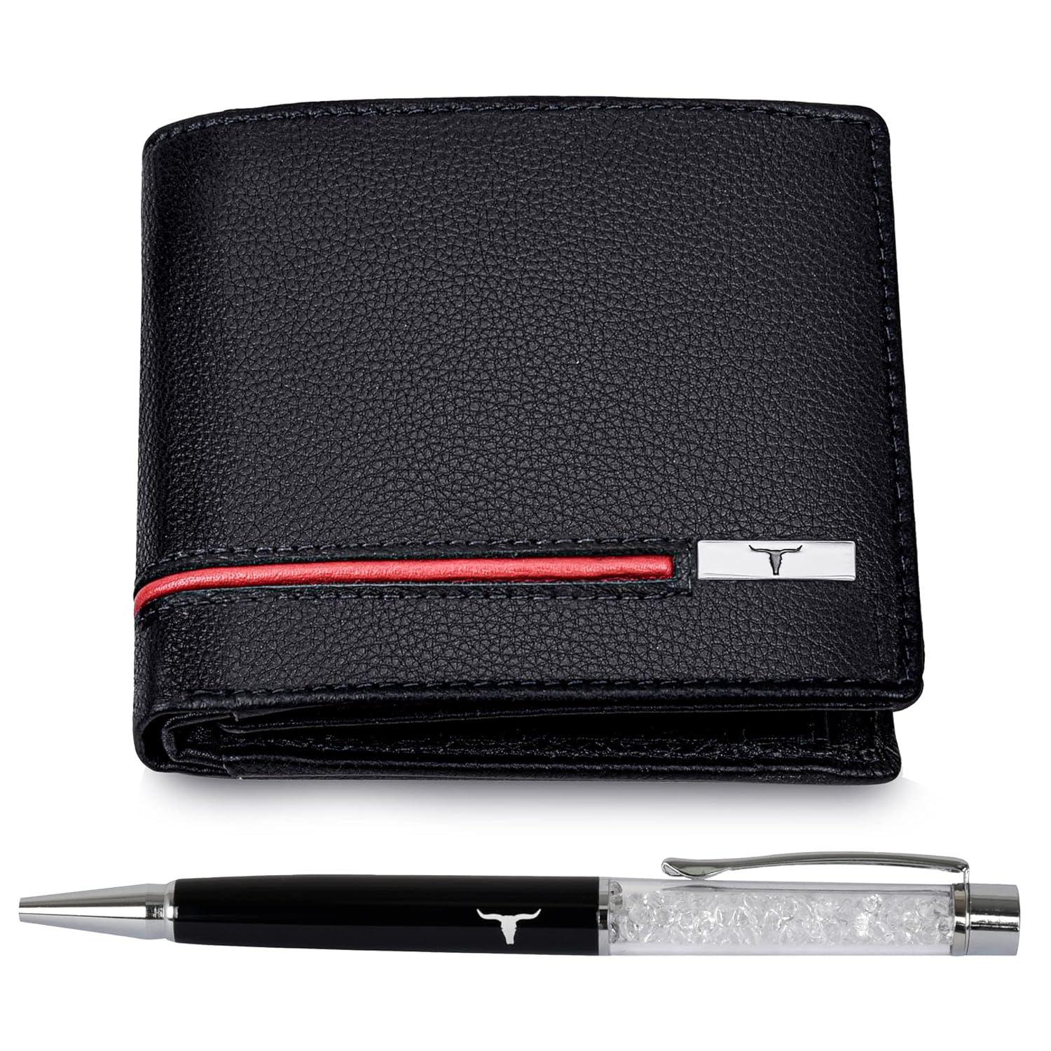 Подарочный набор из черного/красного кожаного кошелька и ручки для мужчин — фото 2