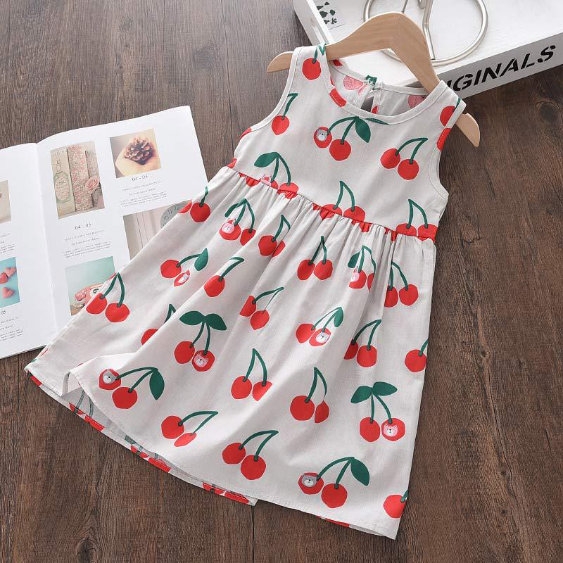 Cute Cartoon Print Dress for Girls Summer Sleeveless Small Fresh Fruit Pattern Multi-color Holiday Style Children's Clothing
