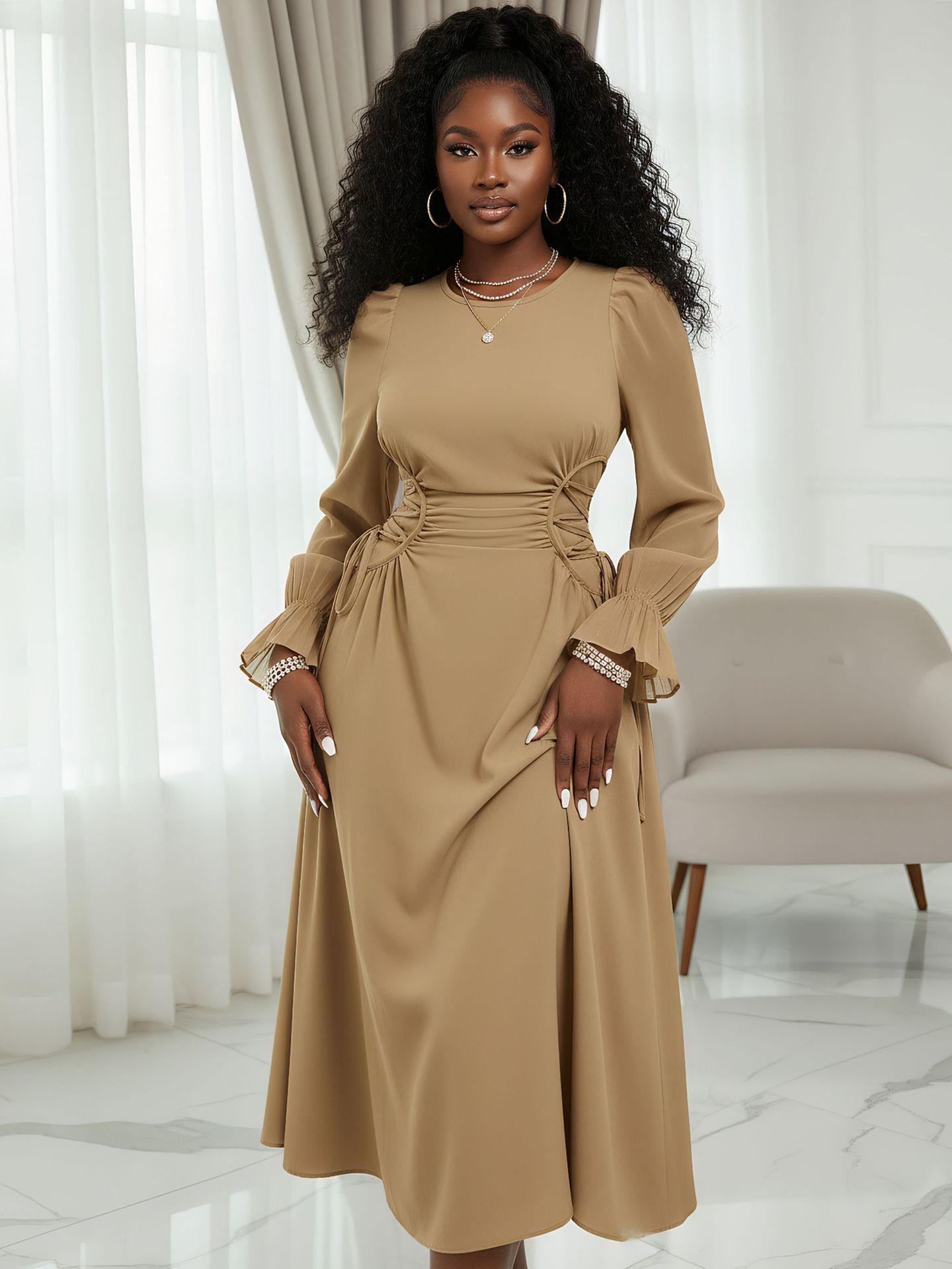 Elegant French High-End Slimming Petite Long Dress for Autumn/Winter 2025 L [115-130] хаки