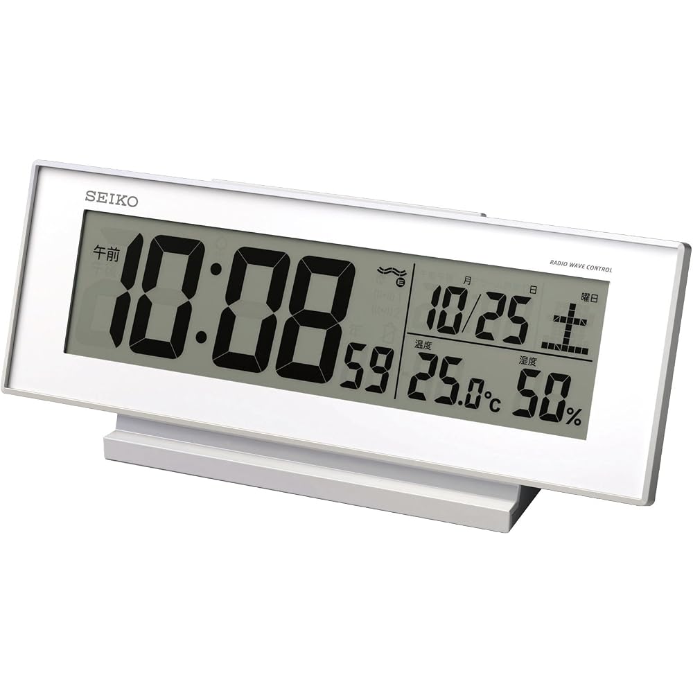 Seiko Clock Alarm Clock, Always-On, Radio-Controlled, Digital, Calendar, Temperature, Humidity Display, Visible at Night, White, SQ762W SEIKO