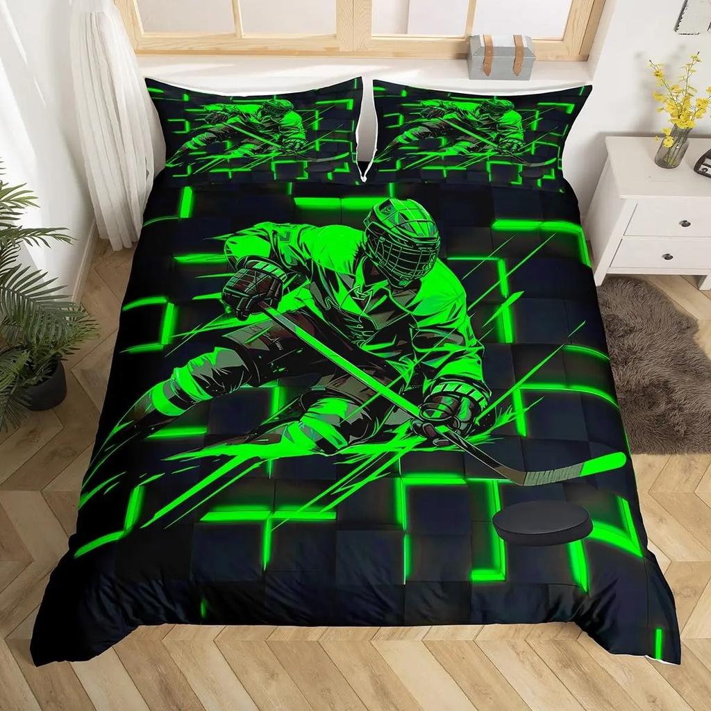 Eishockey Bettbezug Helm Schlittschuhe Bettdeckenbezug Winter Eis Sport Spiele Bettwäsche-Set für Jungen Puck Hockeyspieler Steppdeckenbezug