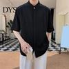 Formal Men Shirt Summer Stand Collar Ice Silk Solid Color Pleated Loose Fit Everyday Top Cardigan Half Sleeves Mid Length Casual Business Mature