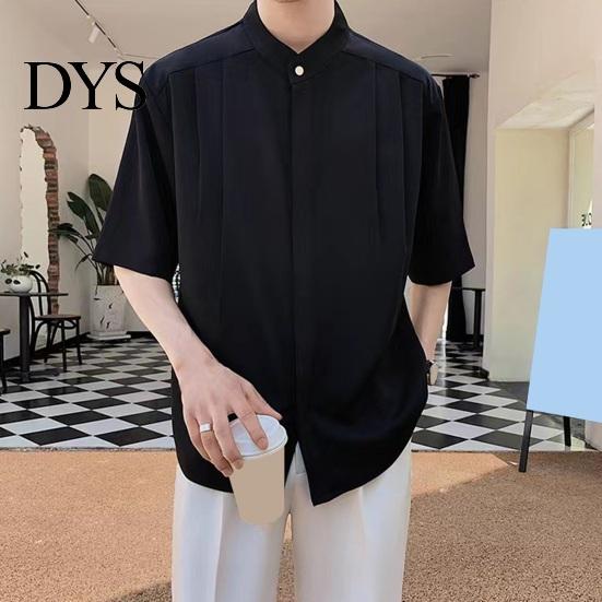 Formal Men Shirt Summer Stand Collar Ice Silk Solid Color Pleated Loose Fit Everyday Top Cardigan Half Sleeves Mid Length Casual Business Mature