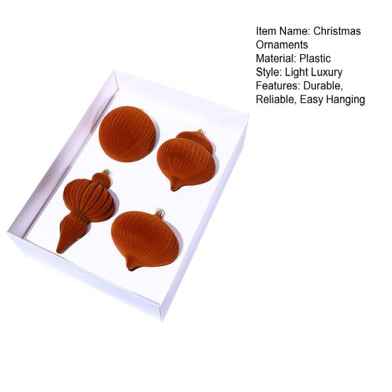 4Pcs Velvet Christmas Ball Ornaments Plastic Flocked Decor with Metal Hangers Holiday Home Decorations for Tree Mantel