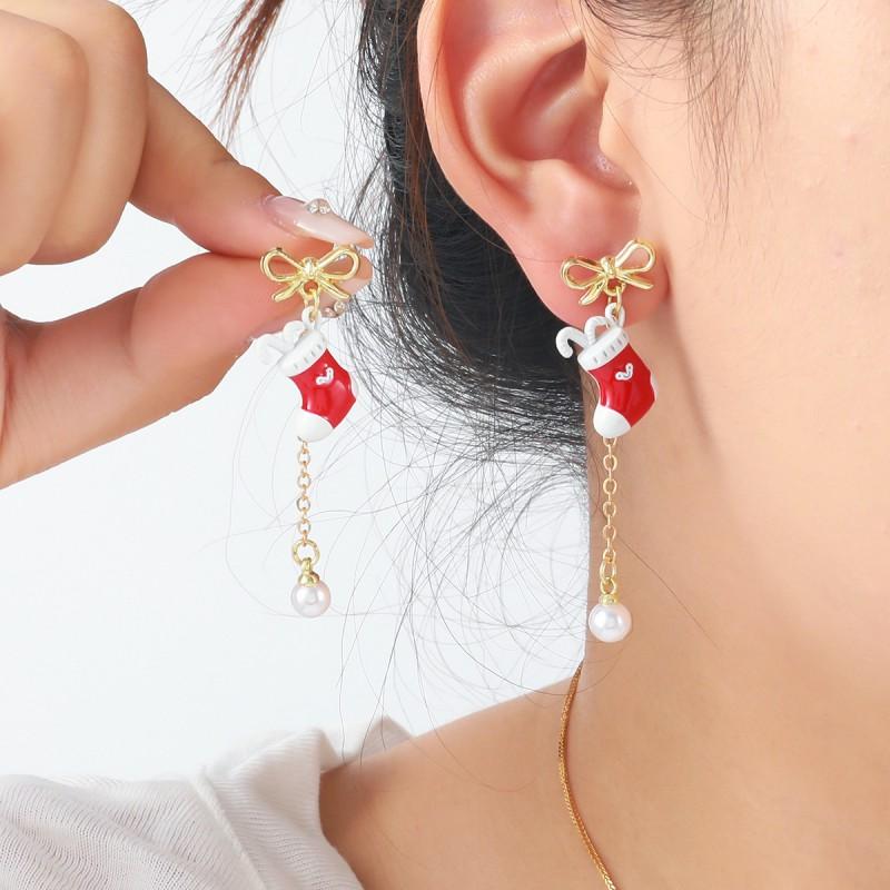 Minimalist Christmas Pendant Earrings With Santa Head Bow Sock Charm Zinc Alloy Stainless Steel Studs Women