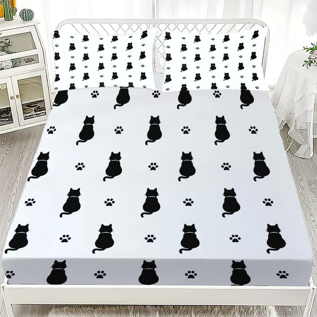 3pcs Cartoon Fitted Sheet Set Pink Cute Cat Claws Print 100% Polyester Breathable Bedding Set for Home Decor with 2 Pillowcases