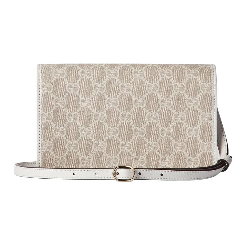 Gucci GG Emblem Logo Badge Adjustable Shoulder Strap Leather Trim Shoulder Bag Ultra Mini Women's Beige and White