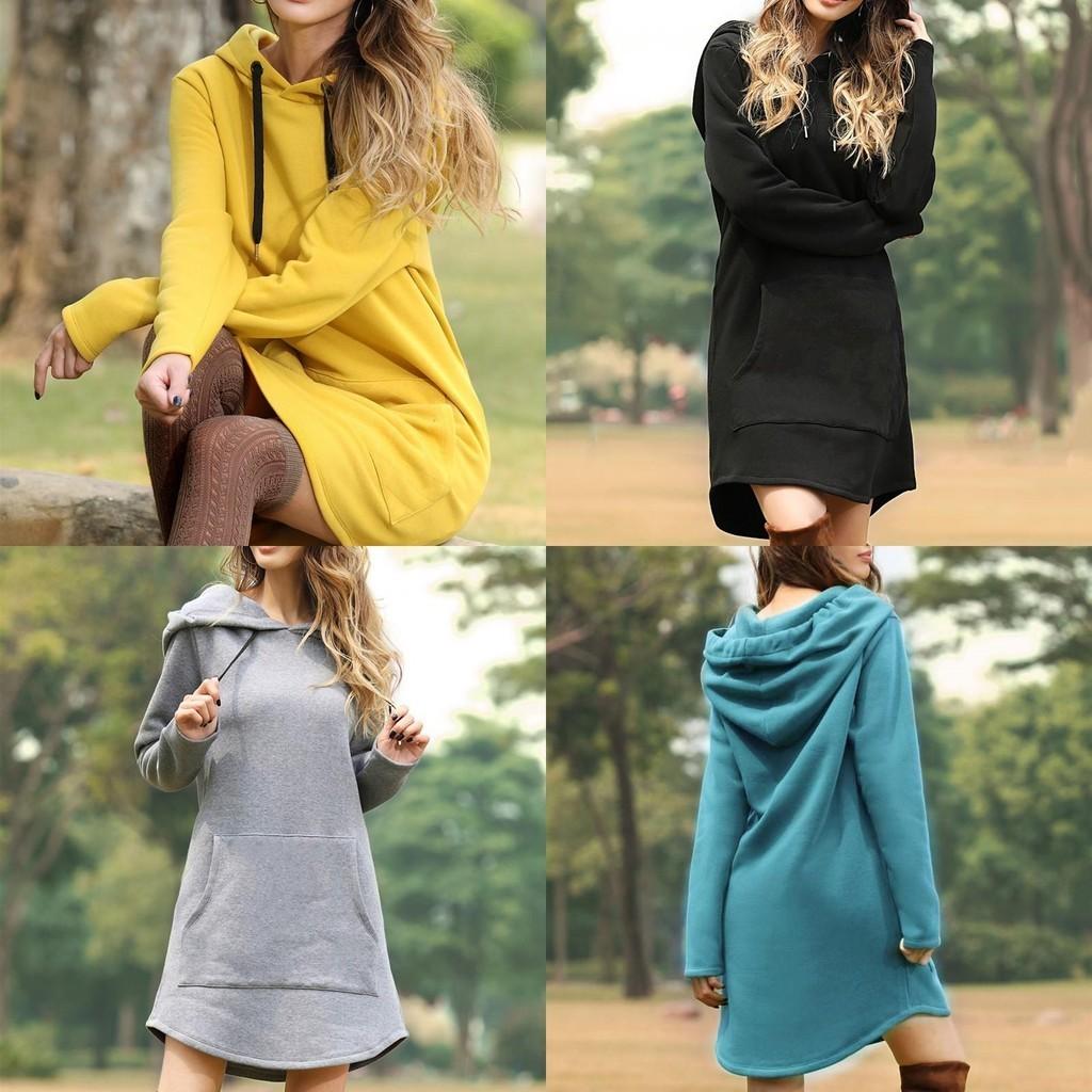 Cozy Womens Winter Long Sleeve Tunic Tops Pullover Hoodie Dress In Six Colors