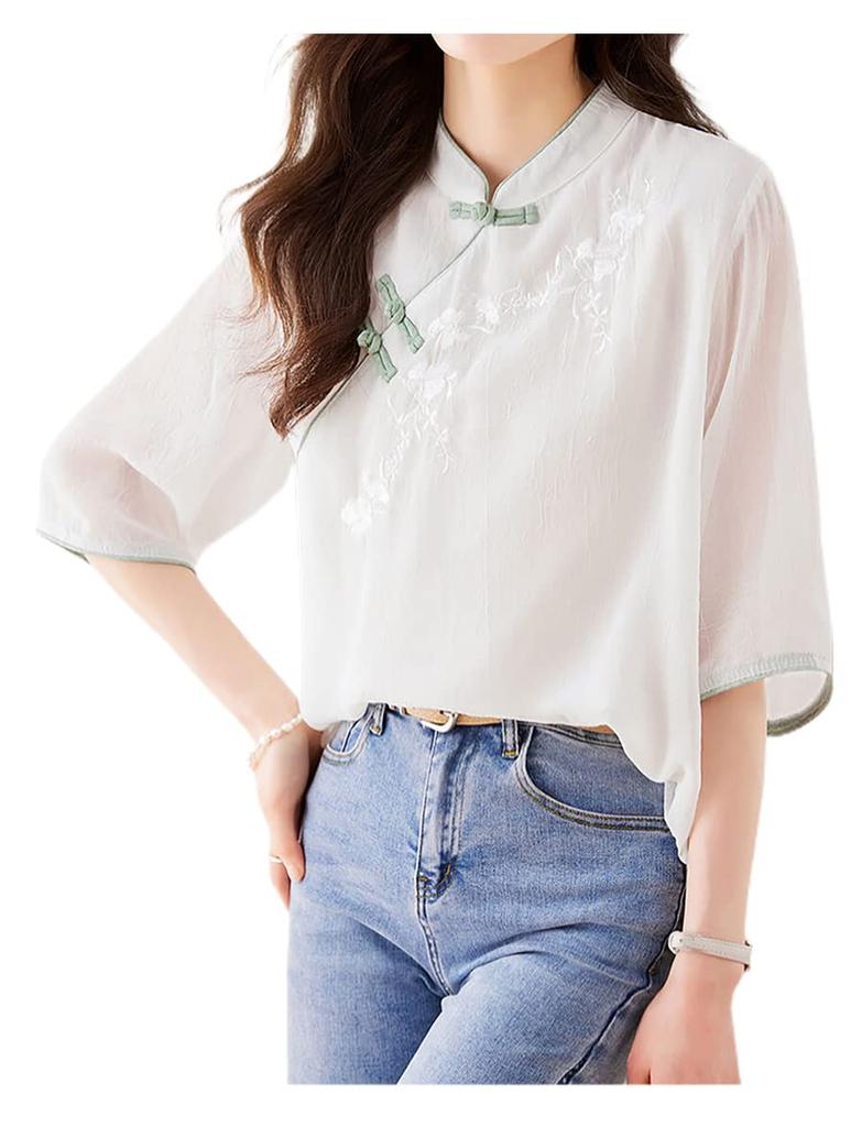 Atopddan Short Sleeve Chinese Button Summer Chiffon Blouse with Casual Top for Work or Casual Size XL Women's Shirt, Embroidery, Wear, White,