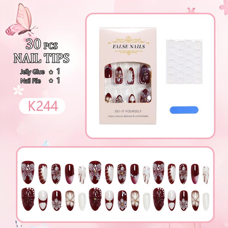 Wine Red 3D Wearable Detachable Beauty Nails - Luxury French Flower Design False Nails
