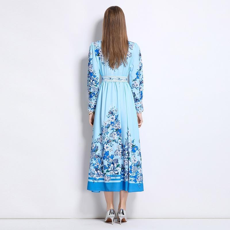 Spring Autumn Women Vintage Print Runway Dresses Full Sleeve Single Breasted Long Maxi Party Dress with Belt