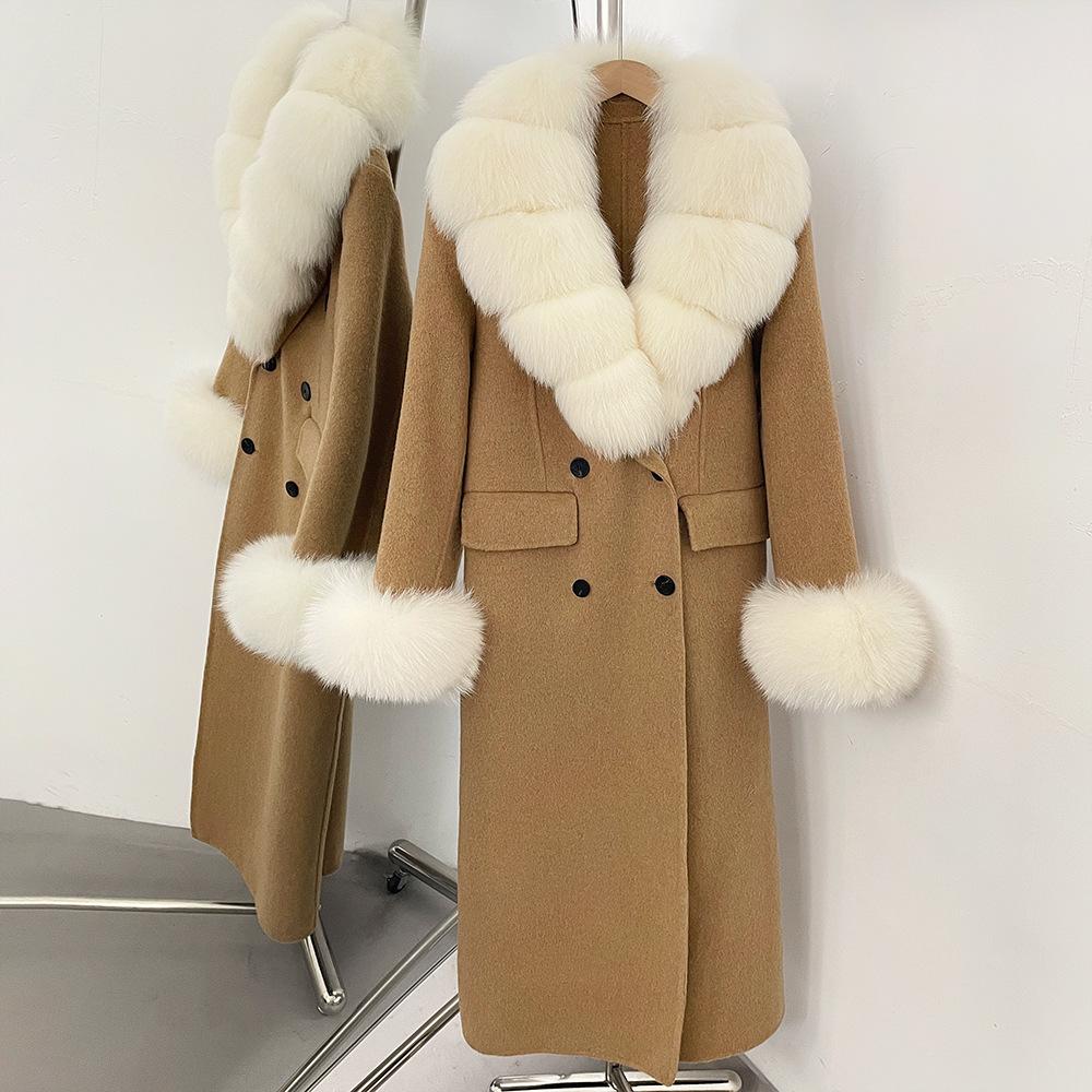 Atmosphere Detachable natural real fox fur collar wool coat women's new winter warm woolen coat