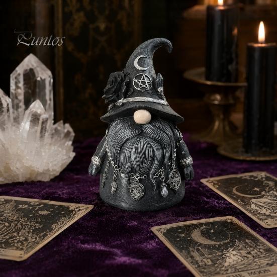 Crystal Stone Ornament Wizard Hat Faceless Gnome Figurine, Mystical Home Decor Statue with Crescent Pentagram Black Rose Witch-themed Display