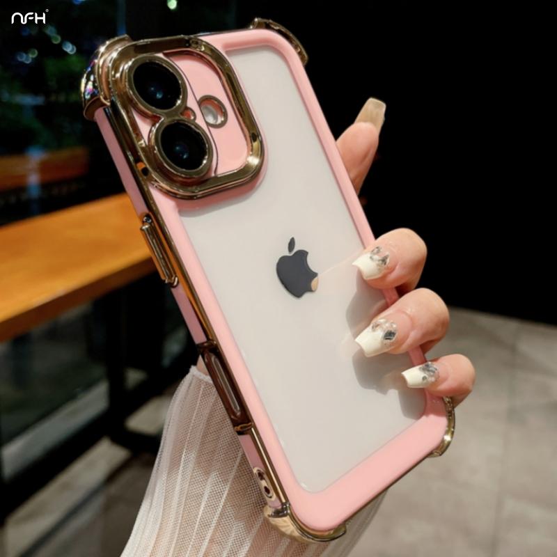 For iPhone 16 Pro Max Luxury Plating Color Soft Frame Transparent Phone Case For iPhone 12 13 14 15 Plus Lens Protective Cover
