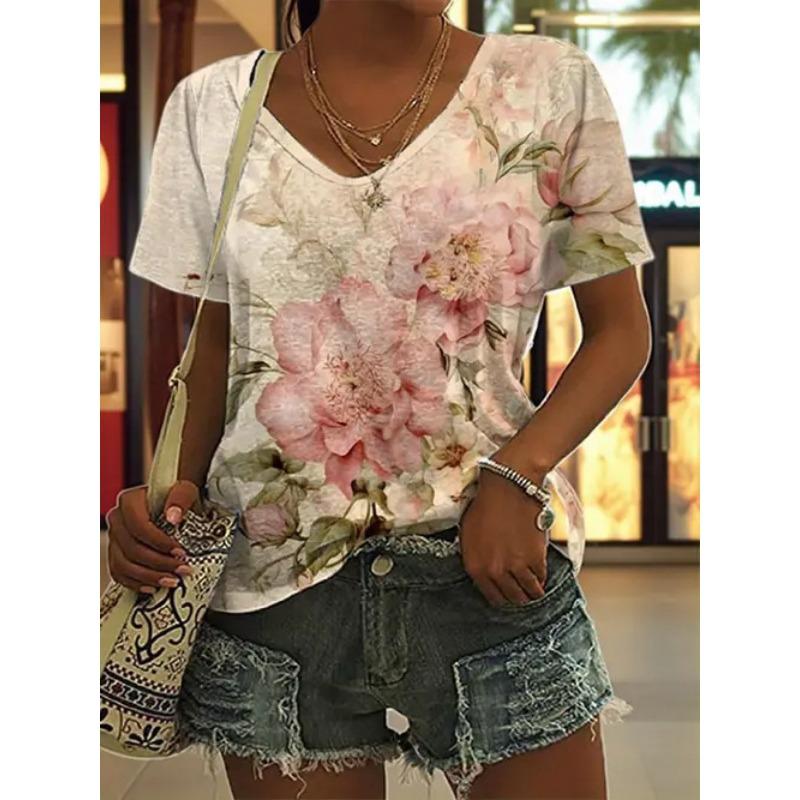 

Summer V-neck 3D Flower Pattern Printed Top Fashionable Casual Short Sleeved Women s T-shirts S