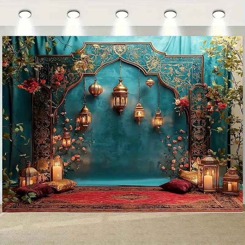 2D Arabian Nights Party Backdrop Teal Curtain and Floral Decor Background Cloth